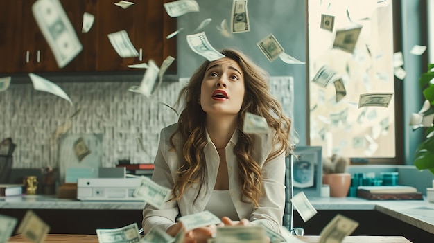 a woman is sitting in front of a pile of money flying in the air