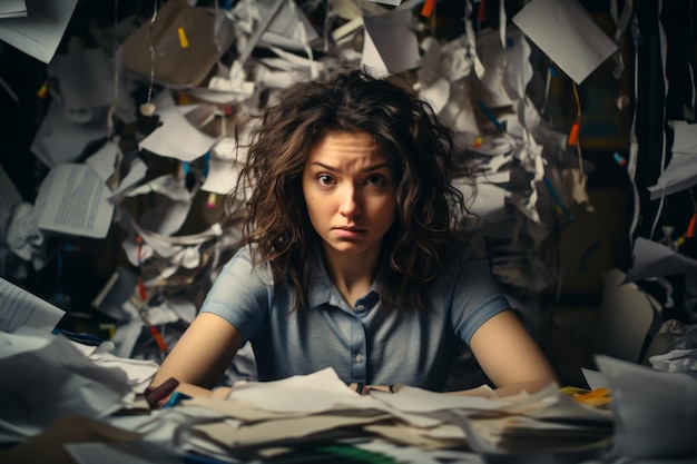 A woman is sitting in front of a pile of papers and looking at the camera