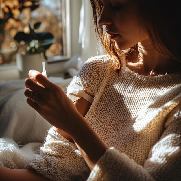 Photo a woman is sitting in front of a window and holding a cigarette