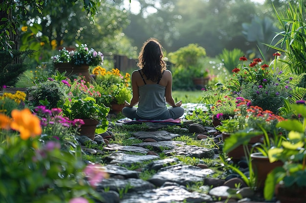 Photo a woman is sitting in a garden surrounded by flowers and plants