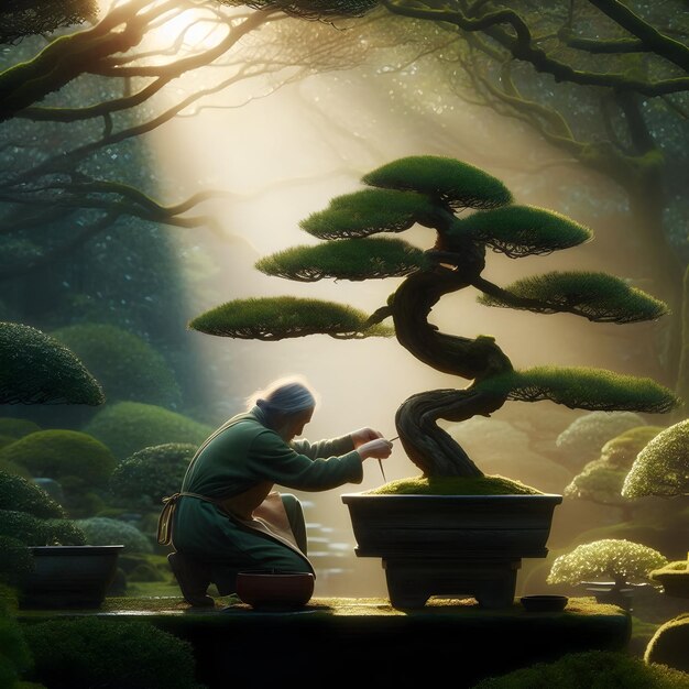 Photo a woman is sitting in a garden with a bonsai tree in the middle