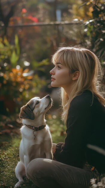 Photo a woman is sitting in the grass with a dog