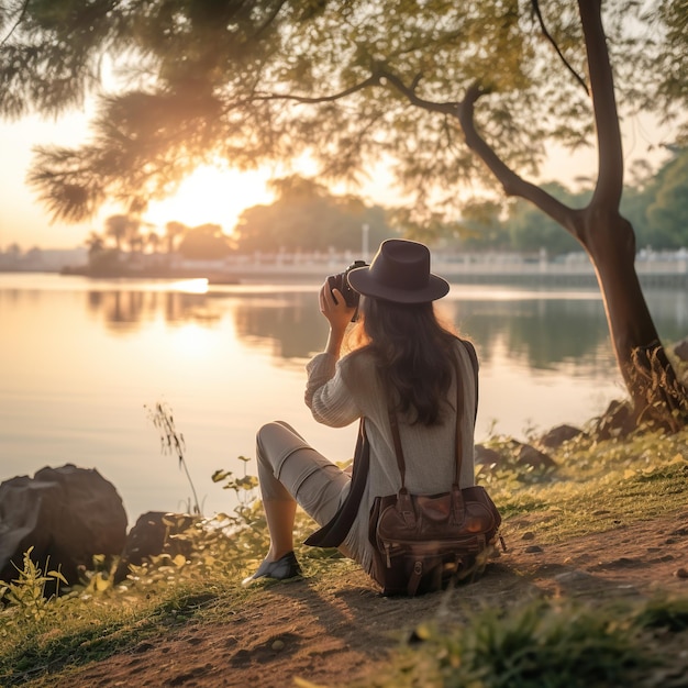 a woman is sitting on a hill taking a picture of a lake with a camera