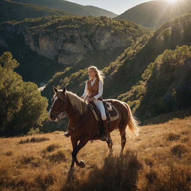 Photo a woman is sitting on a horse with the sun shining on her face