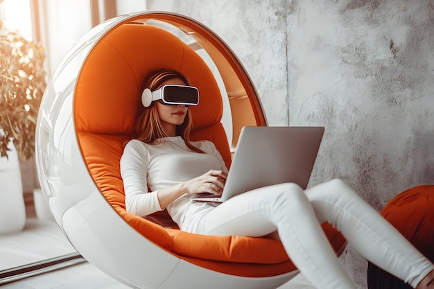 a woman is sitting in an orange chair with a laptop and the screen on her head