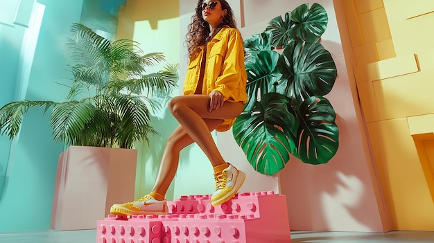 a woman is sitting on a pink step with a plant in the background