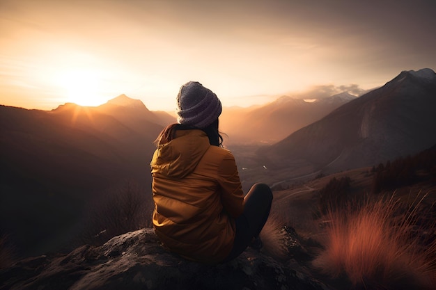 The woman is sitting on a rock overlooking the mountains Generative AI 1