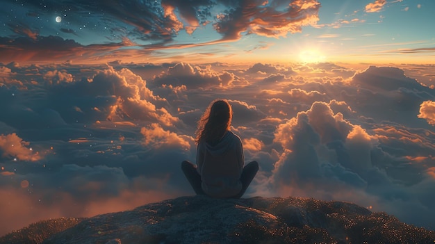 A woman is sitting on a rock in the sky looking at the sun