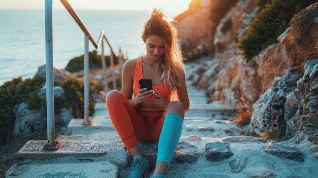 A woman is sitting on a set of stairs with her phone in her hand