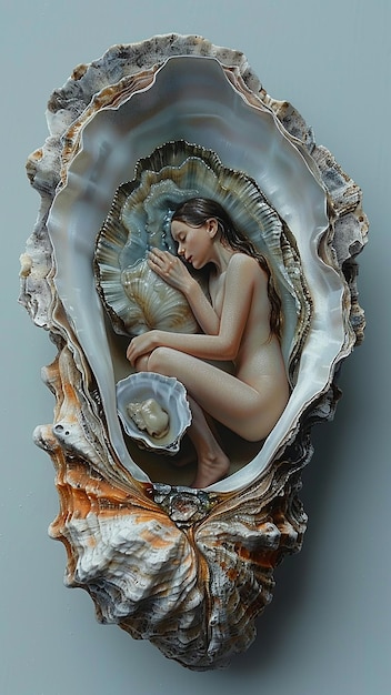 a woman is sitting in a shell with a shell that says quot naked quot