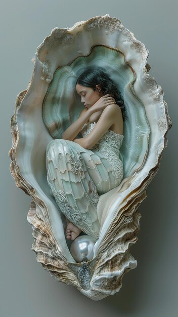 a woman is sitting in a shell with a white shell