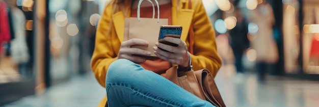 Photo a woman is sitting in a shopping mall holding a shopping bag and using her smartphone she is