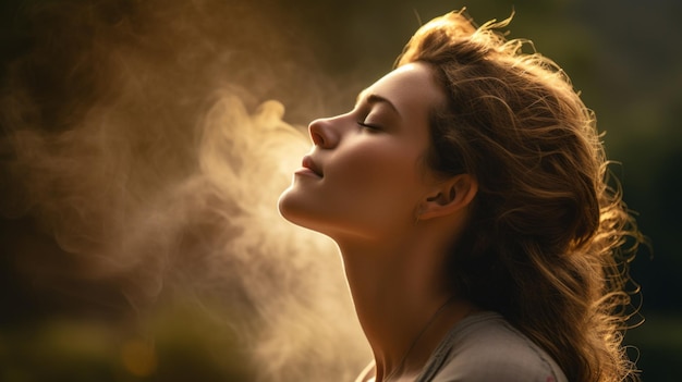 A woman is sitting in the sun with her head tilted