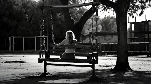 a woman is sitting on a swing in a park