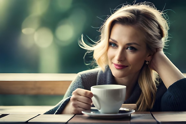 a woman is sitting at a table with a cup of coffee.