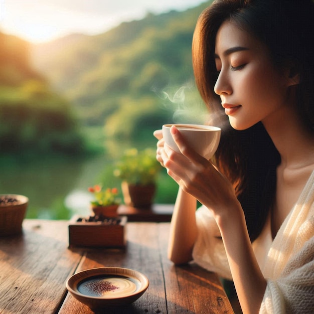 a woman is sitting at a table with a cup of tea and a tea