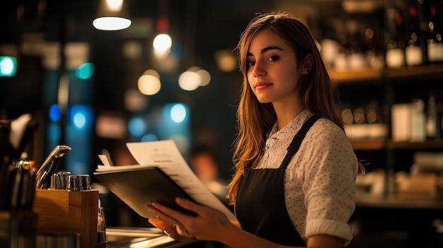 a woman is sitting at a table with a menu in front of her