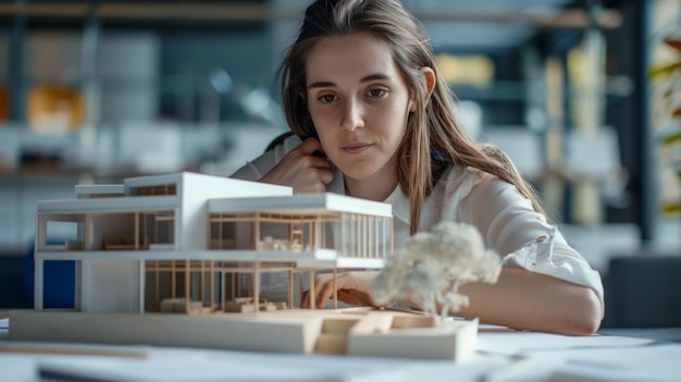 Photo a woman is sitting at a table with a model of a house in front of her