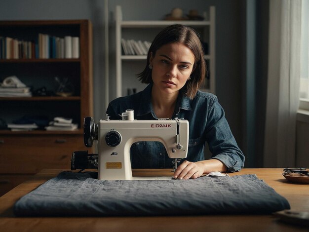 Photo a woman is sitting at a table with a sewing machine