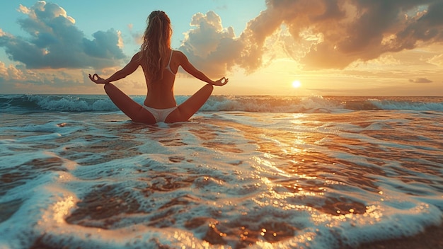 a woman is sitting in the water with her back to the camera