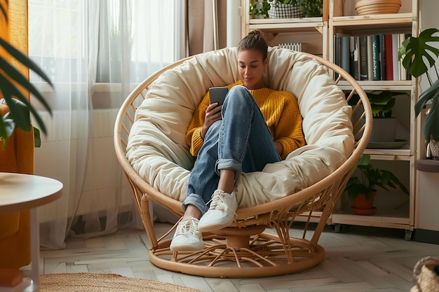 Photo a woman is sitting in a wicker chair with a tablet in her lap