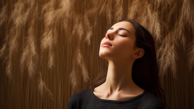 A woman is sitting with her head tilted to the side looking up at the ceiling