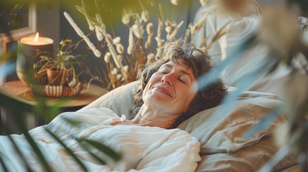 Photo a woman is sleeping on a bed with a candle on a table next to her