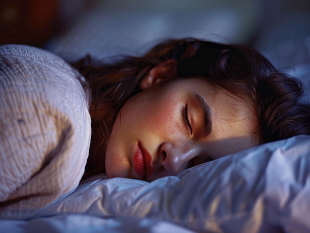 A woman is sleeping on a bed with a pillow