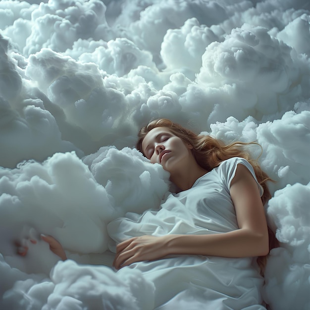 Photo a woman is sleeping in the clouds with a crown on her head