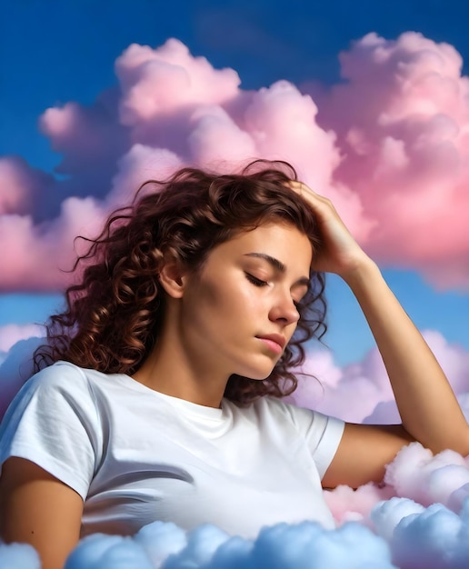 Photo a woman is sleeping in the clouds with her head resting on her head