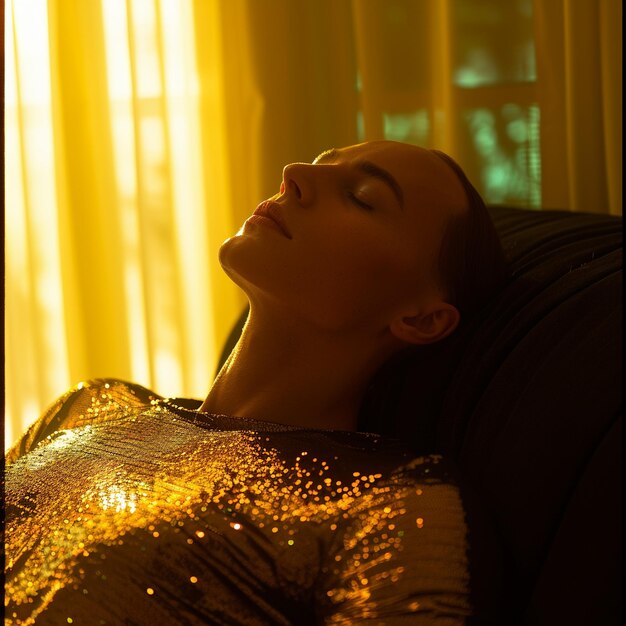 Photo a woman is sleeping on a couch with the sun shining through the curtains