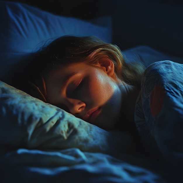 Photo a woman is sleeping in a dark room with a blue sheet