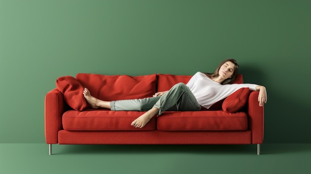 Photo a woman is sleeping on a red couch with a green wall behind her