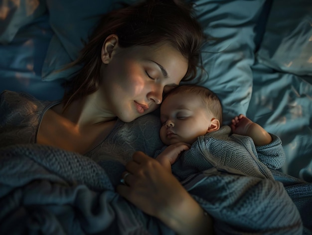 a woman is sleeping with her baby on her lap