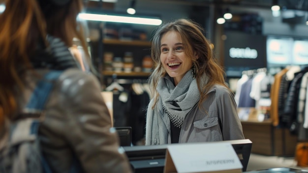 Photo a woman is smiling at a cashier in a store