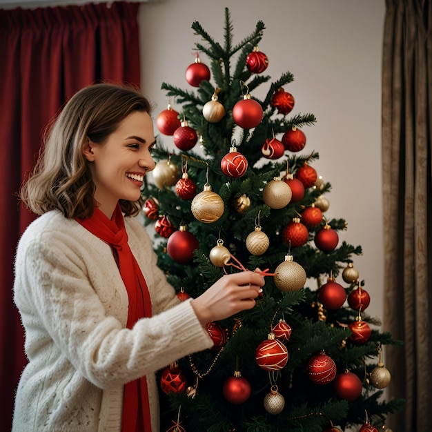 Photo a woman is smiling next to a christmas tree with a red and gold ball on it