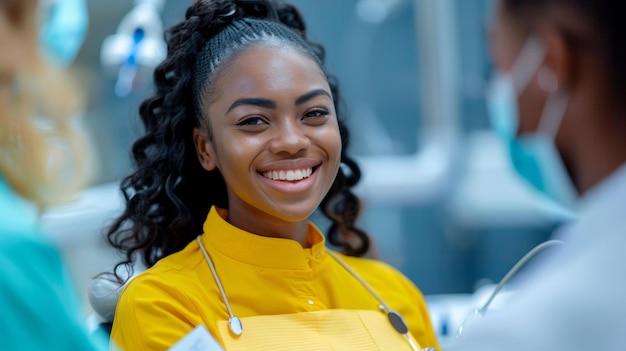 A woman is smiling in a dentists office