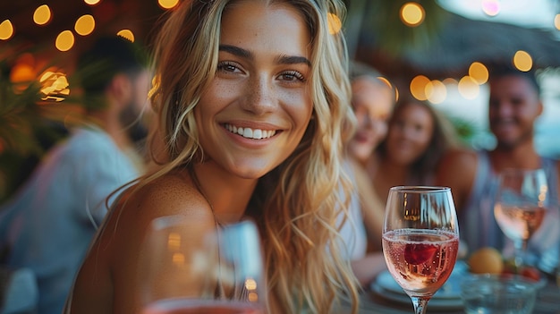 a woman is smiling and drinking wine and smiling