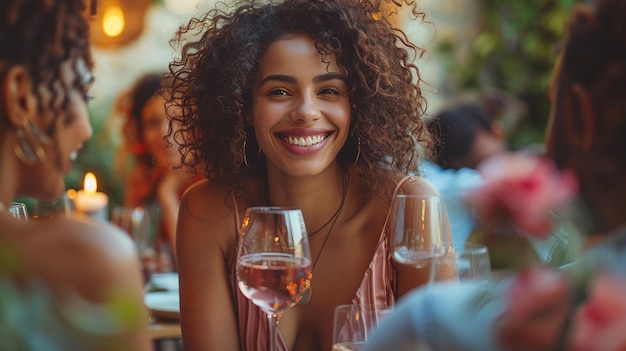 a woman is smiling and drinking wine with a glass of wine