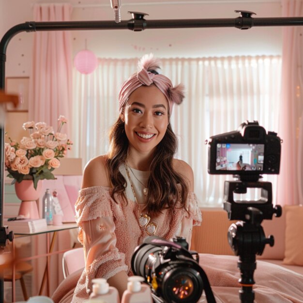 a woman is smiling in front of a camera with a camera on it