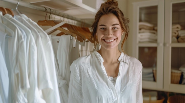 A woman is smiling in front of a closet full of white clothes