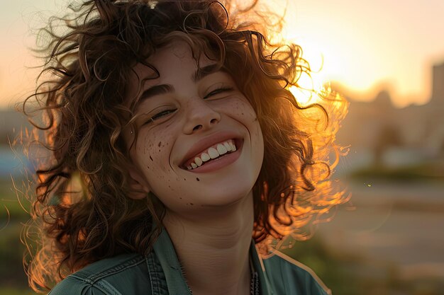 Photo a woman is smiling happily with her curly hair at the sunset