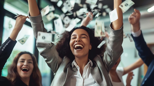 a woman is smiling and has money falling out of her hands