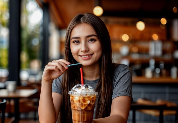 a woman is smiling and holding a cup of coffee