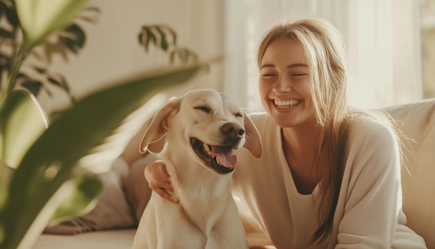 Photo a woman is smiling and holding a dog in her arms