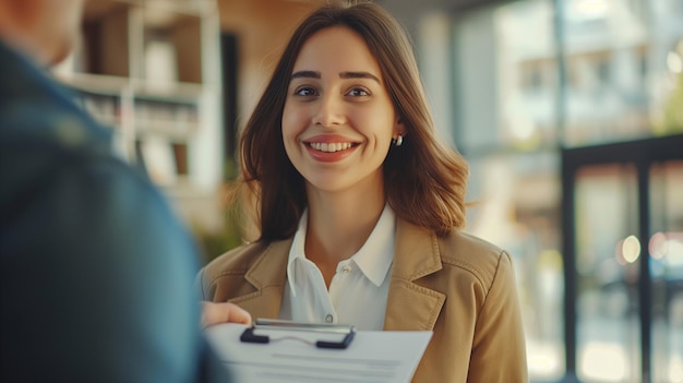 a woman is smiling and holding a folder with papers in her hands