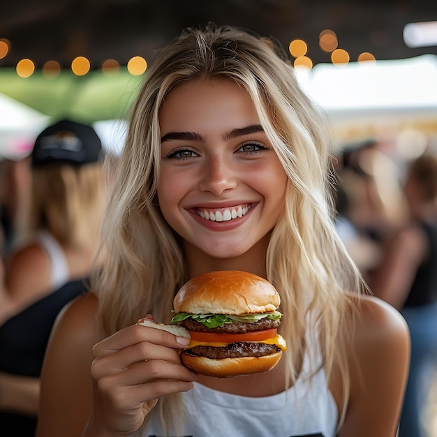 Photo a woman is smiling and holding a large hamburger