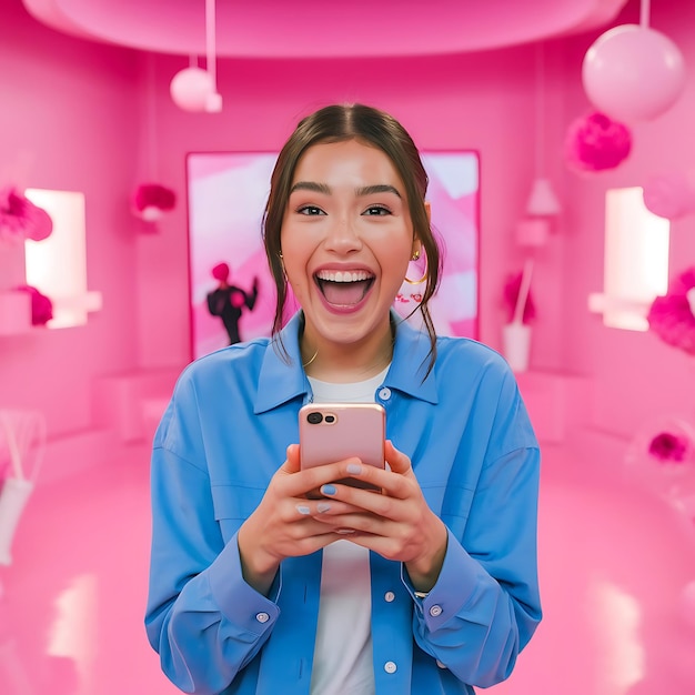 Photo a woman is smiling and holding a phone in front of a pink wall with balloons in the background