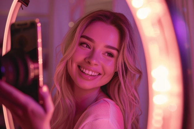 a woman is smiling and holding a phone with a pink light behind her