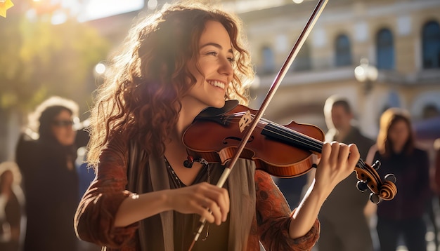 A woman is smiling and holding a violin